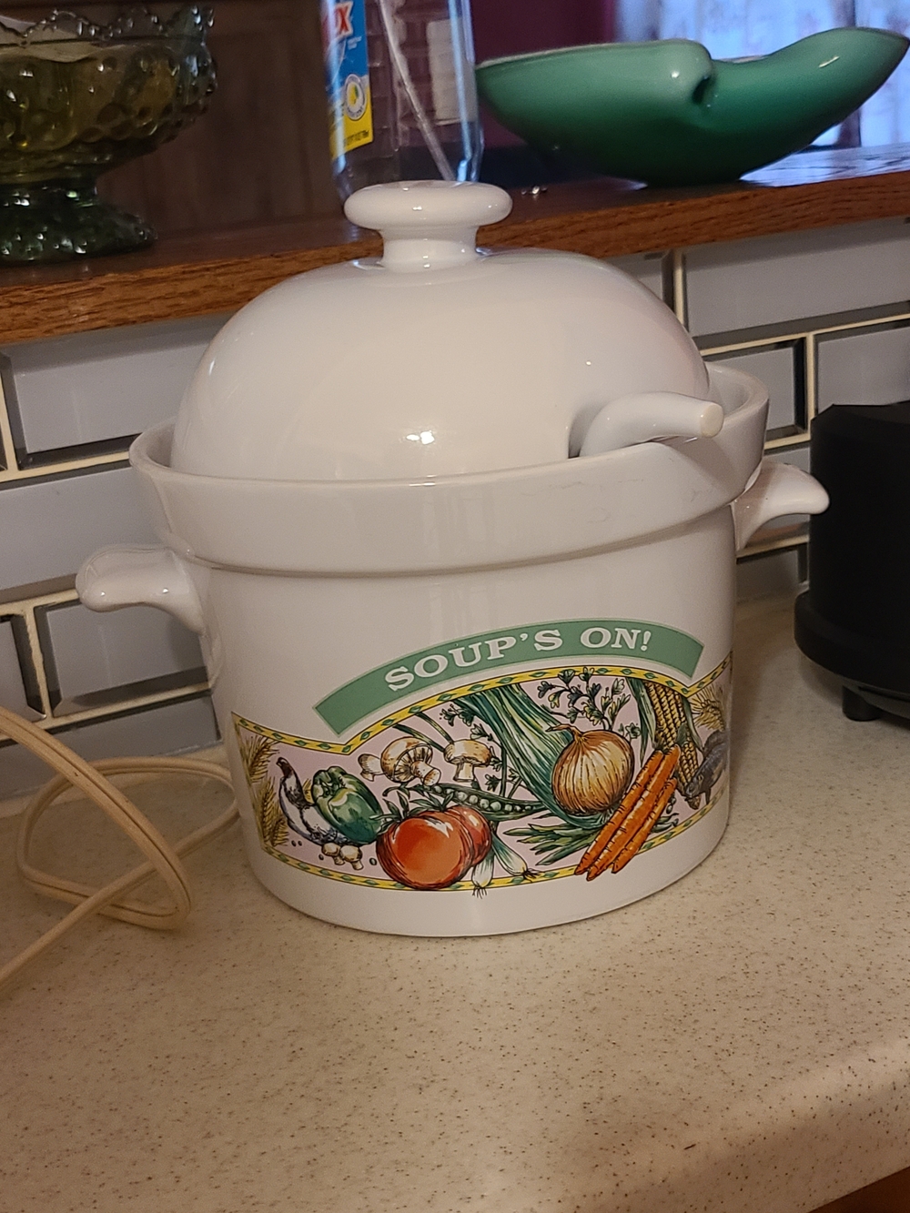 Vintage White Ceramic 'Soup's On!' Crock with Vegetable Motif